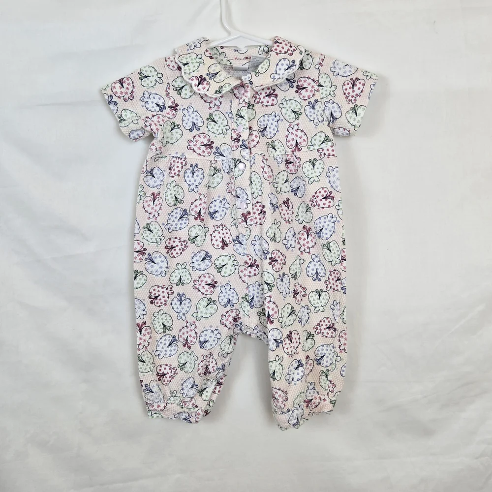 Talbots Kids‎ Vtg Baby Girl Pink Multicolor Butterfly Peter Pan Collar Romper 6M